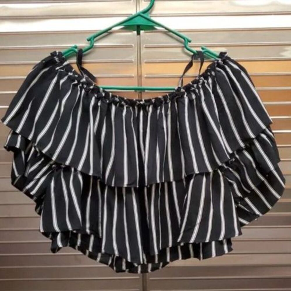 She + Sky black and white layered off shoulder crop top